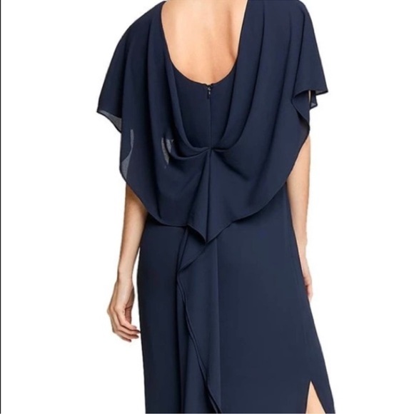 Halston Heritage Drape Back Cape Sleeve Ruffle Slit Navy Gown Maxi Dress 8 - Picture 2 of 13